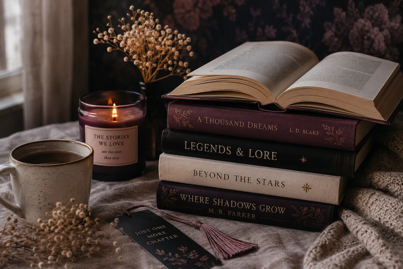 Stijlvolle stapel boeken in warme sfeer voor young adult boekenwebsite